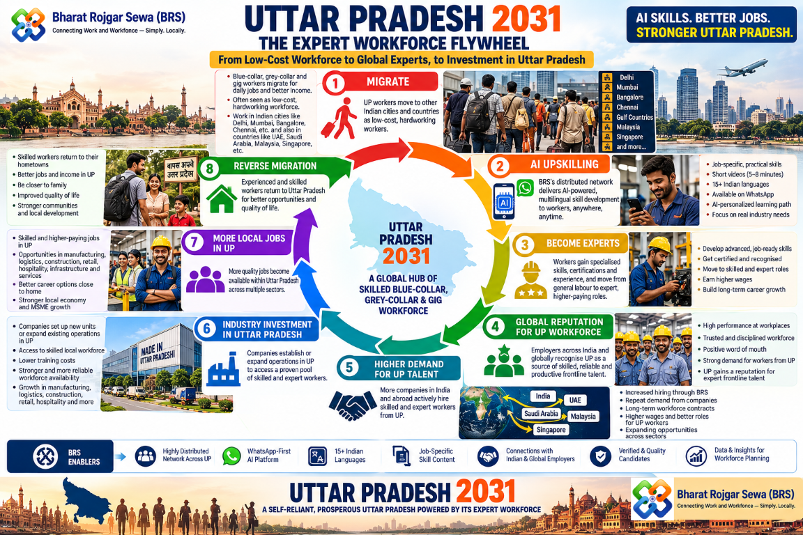 Uttar Pradesh 2031 expert workforce flywheel: migration, AI upskilling, expert talent, global recognition, higher hiring demand, investment in Uttar Pradesh, more local jobs, and reverse migration.